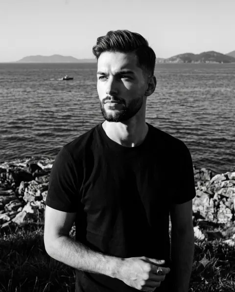 Cinematic B&W Coastal Male Portrait