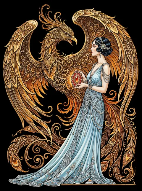 Art Deco Woman and Phoenix