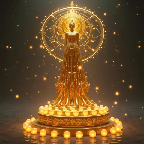Golden Sculpture Orbited by Ethereal Light Spheres