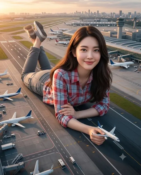 Cinematic Airport Runway Giantess Portrait