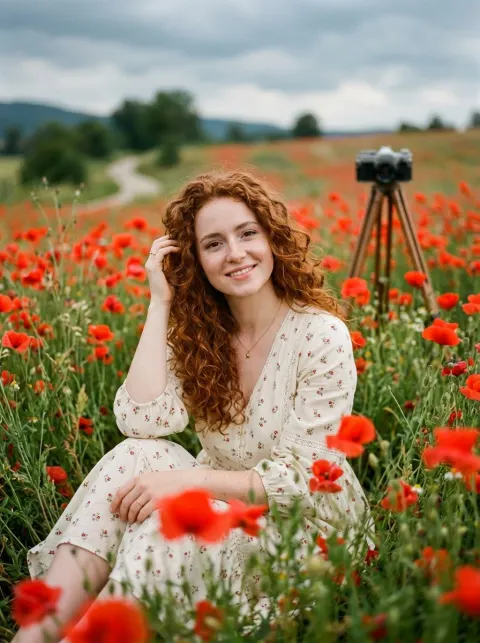 Redheaded Woman in Poppy Field