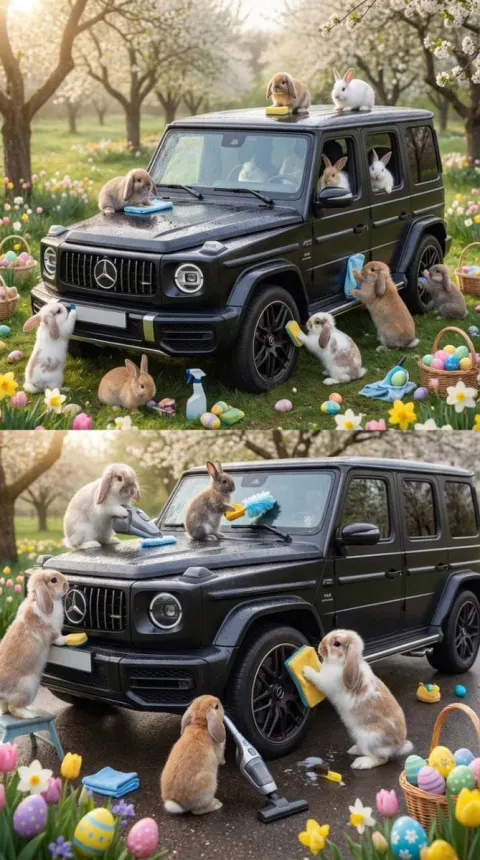 Bunnies Detailing a Car