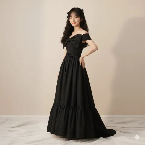 High-Fashion Editorial of Zhao Lusi in Black Bow Gown