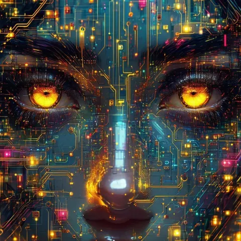 Eyes Interwoven With Vivid Circuit Board Light