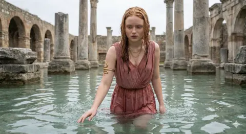 Sadie Sink in Grecian Dress in Ancient Ruins