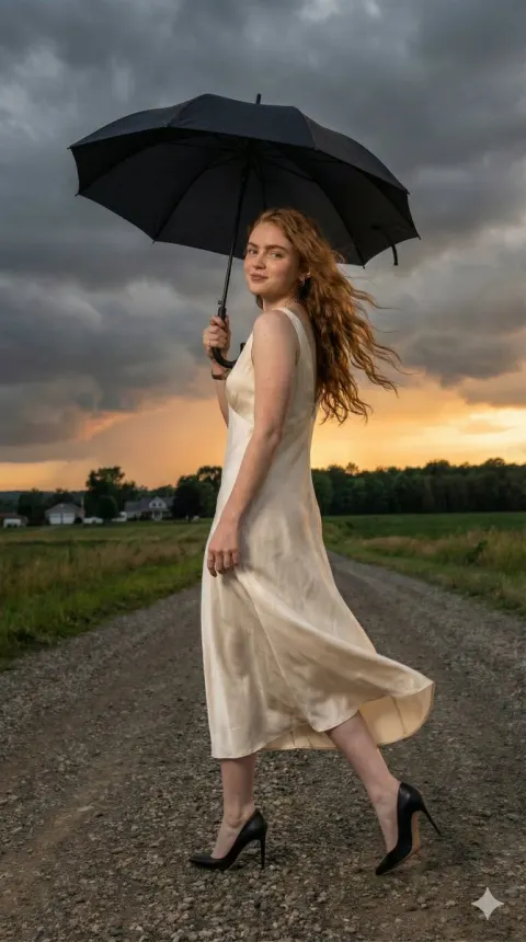 Sadie Sink Cinematic Stormy Sunset Portrait