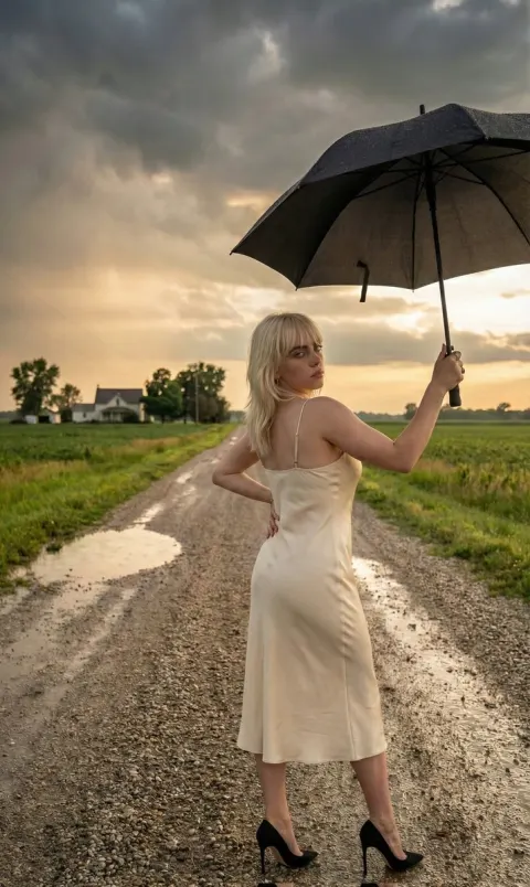 Cinematic Portrait of Sabrina Carpenter in a Stormy Rural Setting