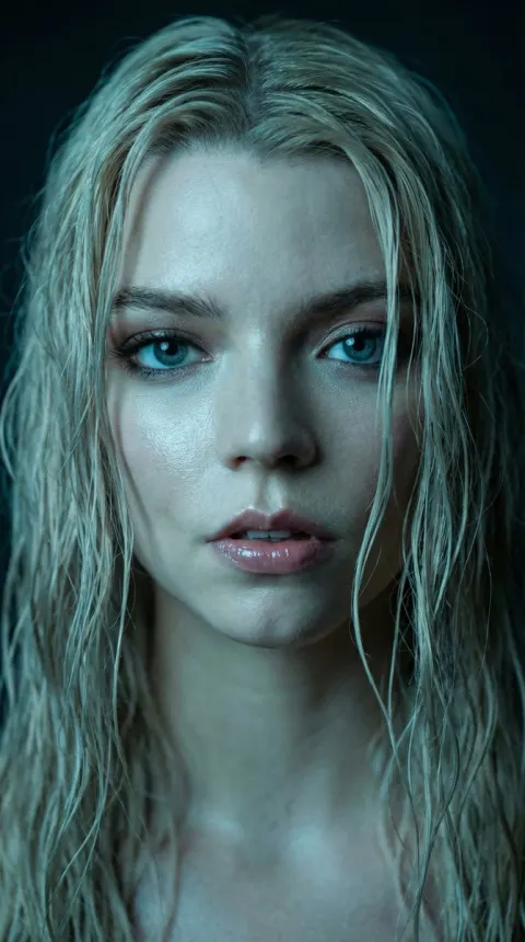 Hyper-realistic Macro Portrait of Anya Taylor-Joy with Wet Hair