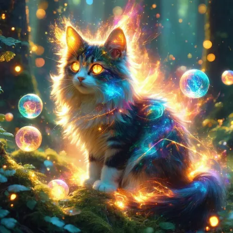 Mystical Cat Surrounded by Runes and Orbs