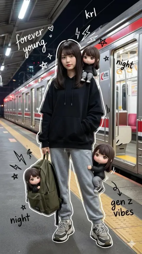 Mixed Media Portrait of Gen Z Teenager with Chibi Companions