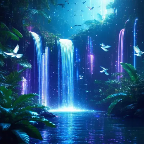 Glowing Waterfall Amid Cybernetic Greenery and Birds