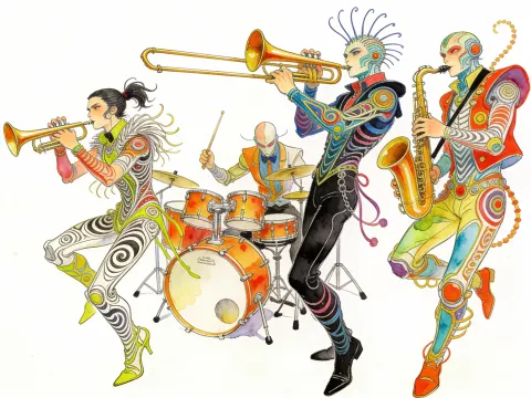 Band Illustration in a Hybrid Style of Moebius and Kim Jung Gi