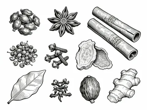 Line Art of Traditional Chinese Seasoning Herbs
