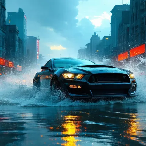 Animated Car Splashing Through a Flooded City