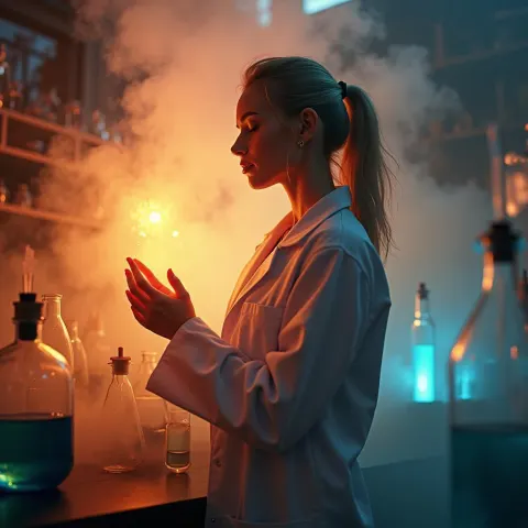 Dreamy Scientist Among Glowing Mystical Vials
