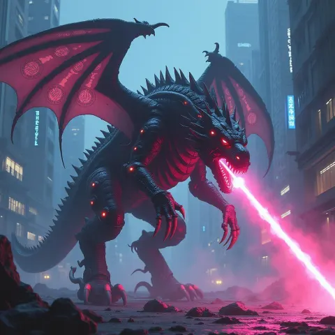 Neon Mech Dragon Firing Across the City