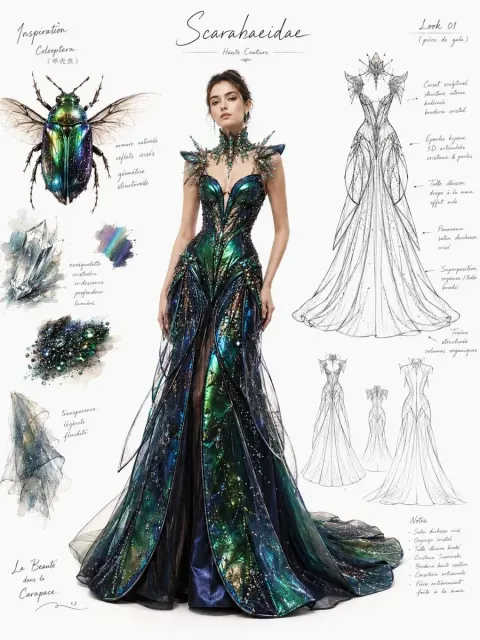 Fashion draft / High-level dress design page with theme inspiration from inspirational theme