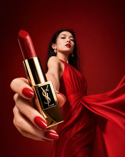 Generates a large poster of high-end luxurious make-up advertising camera & image & slot, ultra-close wide ang