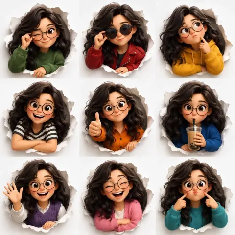 3D Pixar-Style Expression Sheet, Cute Stylized Avatar with Wavy Dark Hair