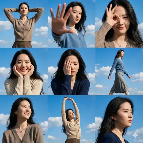 A high-resolution 3x3 grid photo collage, with nine different dynamic positions, with the above-mentioned fema