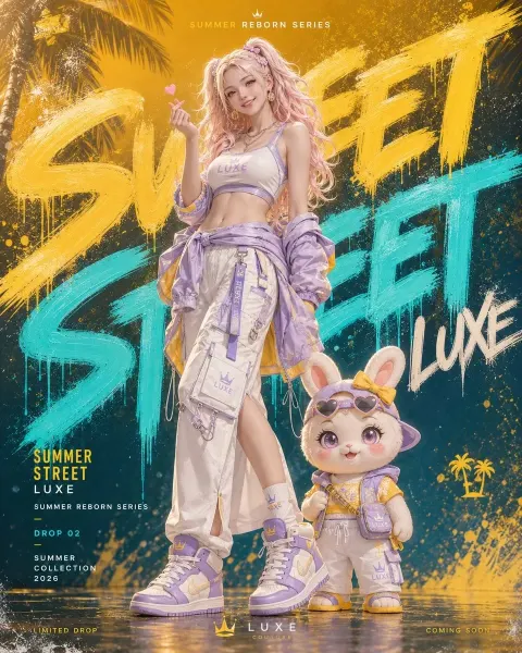 Generates a vertical 4:5 high-end street fashion poster, which is a summer street luxury billboard / anime-r
