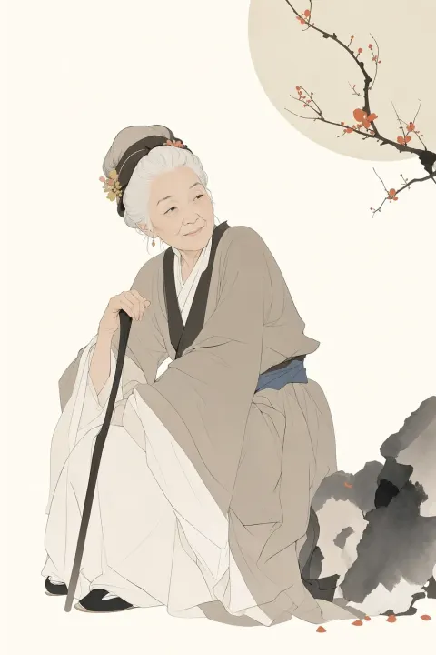 A simplistic, modern magazine-style illustration, featuring Aunt Liu from the Red House Dream.