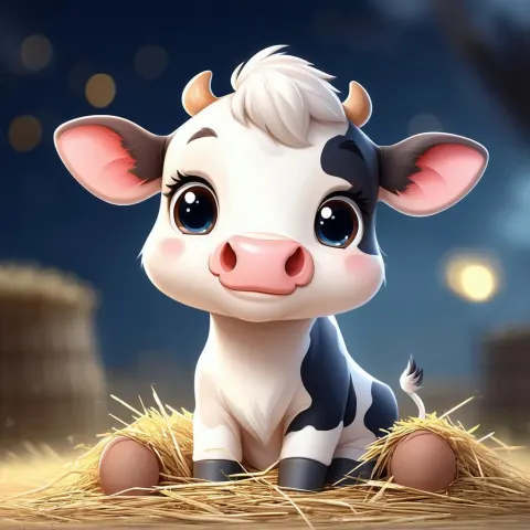 Adorable Cartoon Cow Resting on Soft Hay