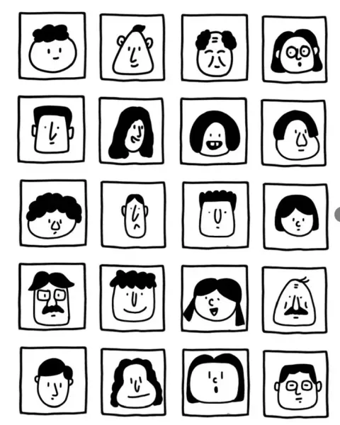 A black-and-white, simple-hand map of the image of the person, strict 6 rows 4 rows, totaling 24 portraits, ev