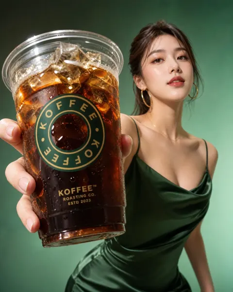 A big commercial commercial for high-end coffee, with a Korean red-hot red-hot dress with ink-coloured twiligh