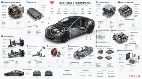 Help me generate Tesla's main parts, a full picture of the details, and the details of the modules. Figure