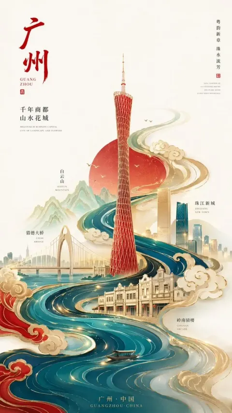 High-end city poster, 9:16 vertical map, with Guangzhou as the central theme and Image Centre as the abstract 