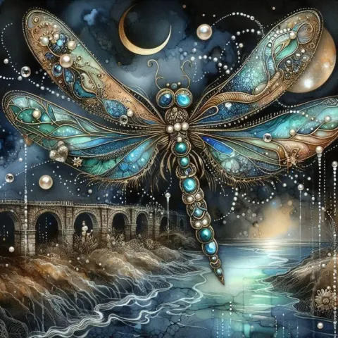 Abstract Watercolor Dragonfly with Old Bridge