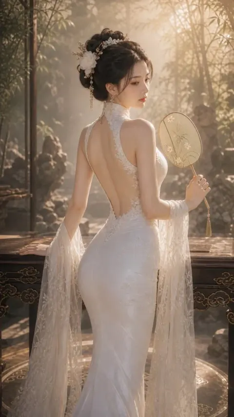 An adult Eastern classical beauty, 9:16 vertically, on the side of the back, with the person standing in the c