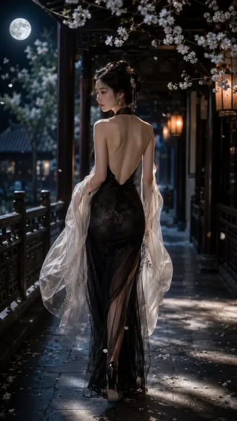 An adult Eastern woman, 9:16 vertically, with real style, with a back-faced face, walking around a classical, 