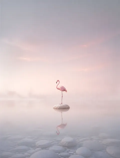 A lonely flamingo stands still on a smooth, light pebble with clear, soft, silky water around it.