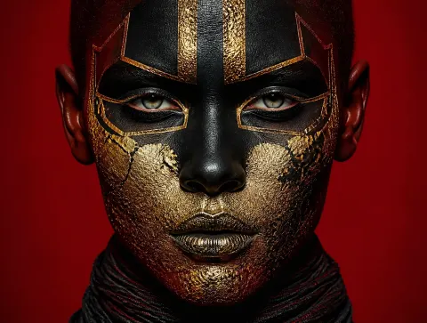 Extremely close, symmetrical, full-covered paint on a person's face, black duds on top of the base, two vertic
