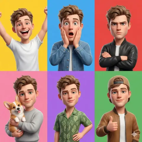 A 3D Pixar-Style Animated Young Male Character Showcased in a 6-panel Grid Layout