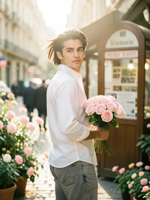 A Beautiful Young Man with Dark Flowing Hair Holding a Bouquet of Soft Pink Roses