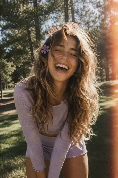 A Candid, Film-Style Portrait of a Joyful Young Woman with Long