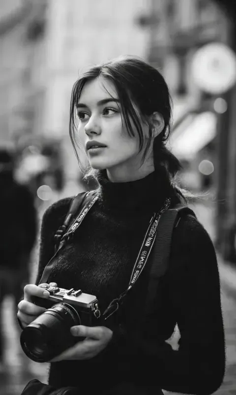 A Cinematic Black-And-White Street Portrait of a Young Woman Photographer Standing