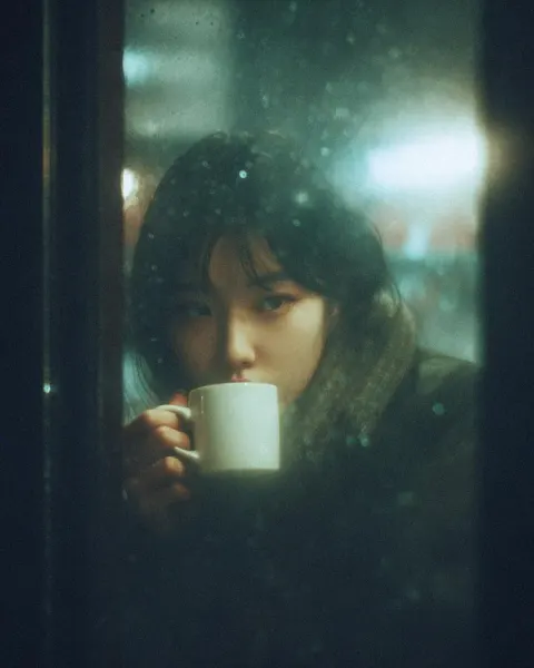 A Cinematic, Moody Photograph of a Young Woman Sitting Inside a Café at Night
