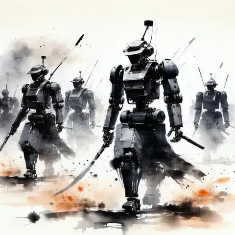 Robot Shaman Mercenaries in Flowing Ink Wash