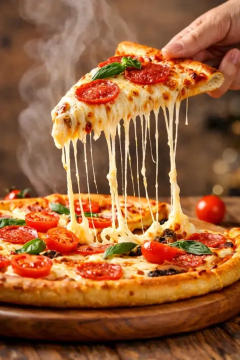 A Hyper-Realistic, Cinematic Close-Up of a Freshly Baked Pepperoni Pizza Slice