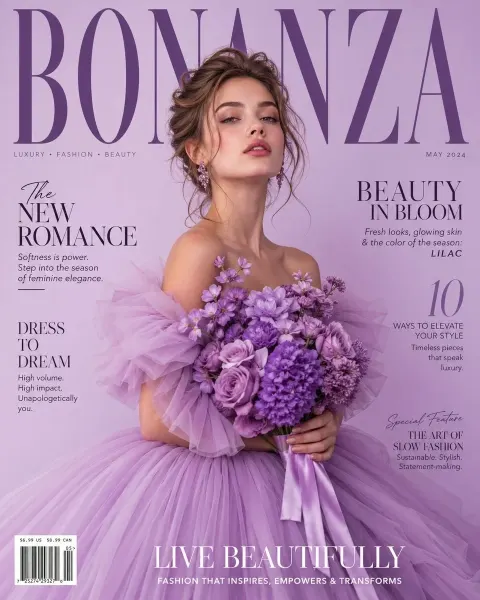 Luxury High-Fashion Magazine Cover in a Soft Light Purple (lavender) Gradient