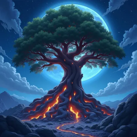 Moonlit Tree With Glowing Entwined Roots