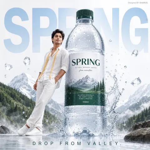 Premium Mineral Water Advertisement Poster Featuring a Fresh-Faced Young Man in