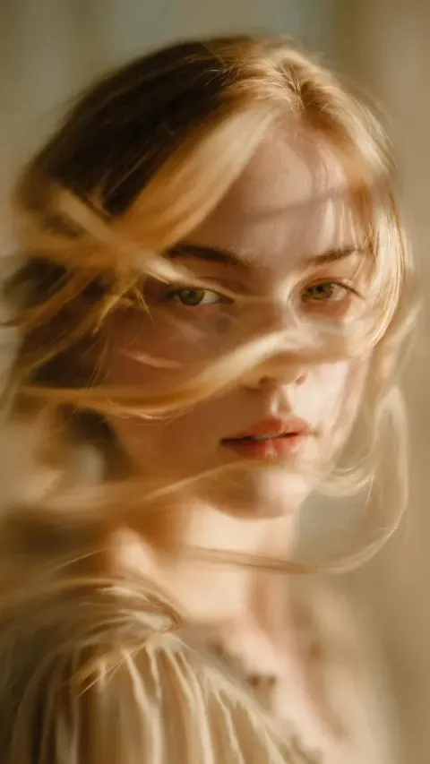 A Soft-Focus, Cinematic Portrait of a Young Woman with Delicate Facial Features