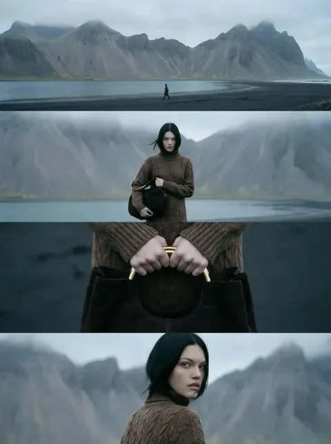 A Vertical Cinematic Editorial Image Composed of Four Horizontal Film Frames