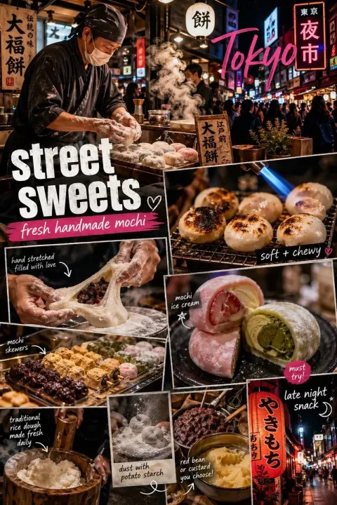 A Vibrant Tokyo Street Food Scene Focused on Japanese Mochi Desserts