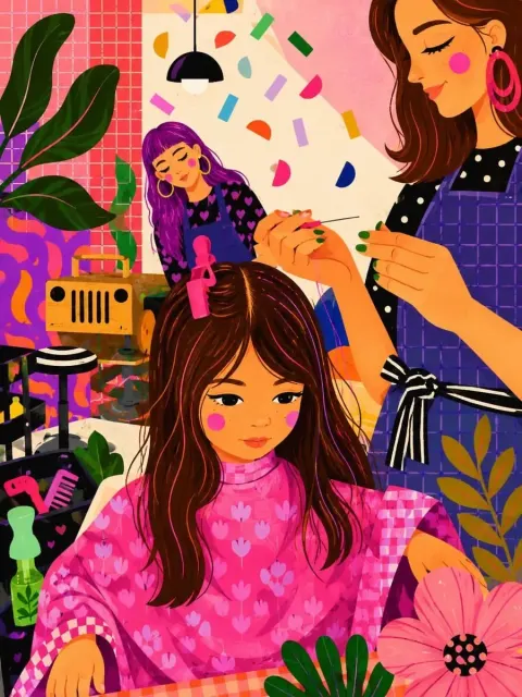 A Vibrant Whimsical Digital Illustration of a Cozy Indie Hair Salon